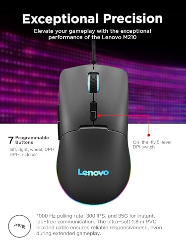Lenovo M210 RGB Wired Gaming Mouse for PC, Laptop, Computer with Windows & Chrome OS - 3 Zone RGB, 8000 DPI Adjustable Sensor, 7 Programmable Buttons – Palm Grip Mouse for Gamers (Black) - color: Black M210 RGB
