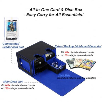Venssu MTG Deck Box for Commander Display with Dice Tray (Black＆Blue) | Holds 200 Single/160 Double-Sleeved Cards, Fit MTG/PTCG/OPTCG Cards, Strong Magnet, With 2 Dividers & 1 Magnetic Card Holder - color: Black＆Blue