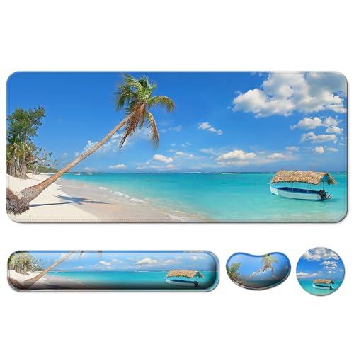 4 in 1 Mouse Pad and Keyboard Wrist Rest,Large Desk Mat,Coaster Set-Sea | Desk Matt For Desktop Wrist Rest Support XXL Gaming Cute Ergonomic for Computer Laptop Women Office Home Decor - color: A4-blue Sea