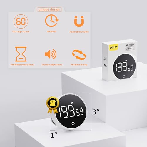 Digital Kitchen Timer, Rechargeable Magnetic Visual Timer with Large LED Display, Adjustable Volume for Classroom, Cooking, Fitness, Baking, Kids Learning & Teaching (1, Black)