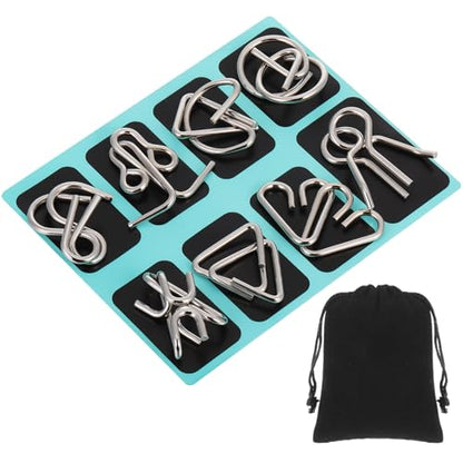 Metal Wire Puzzle Set of 8 with Pouch, Brain Teaser Puzzles IQ Test Ring Disentanglement Unlock Interlock Game Trick Metal for Party Favor Challenge(B Style) - style: B Style