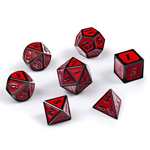 DnDnD Red D&D Game Dice,7 Die Polyhedral Metal Dice with Gift Metal Tin for RPG DND Dungeons and Dragons Dice Collector Board Game Player - color: Black Number Red