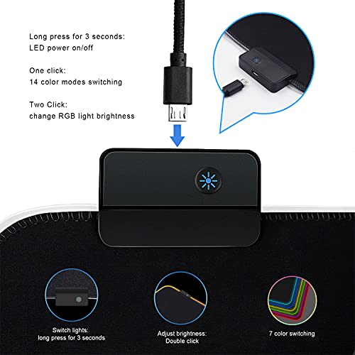RGB Gaming Mouse Mat Pad - Large Extended Led Mousepad with 14 Lighting Modes 2 Brightness,Big Gaming pad Extra Long Computer Keyboard Mat Anti-Slip Waterproof - 31.5 x 11.8 Inch-Black