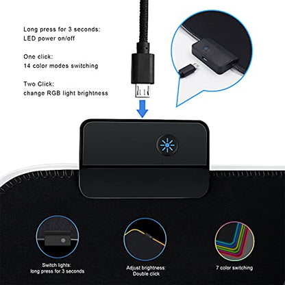 RGB Gaming Mouse Mat Pad - Large Extended Led Mousepad with 14 Lighting Modes 2 Brightness,Big Gaming pad Extra Long Computer Keyboard Mat Anti-Slip Waterproof - 31.5 x 11.8 Inch-Black