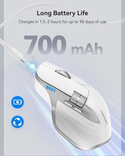 TECKNET Wireless Mouse, Bluetooth Mouse (BT5.3/5.0 & 2.4G) Rechargeable Ergonomic Optical Mouse with 6 Adjustable DPI, Side Scroll, Quiet Clicks, USB A Receiver, 7 Buttons, Wide Compatibility - White - color: Light White