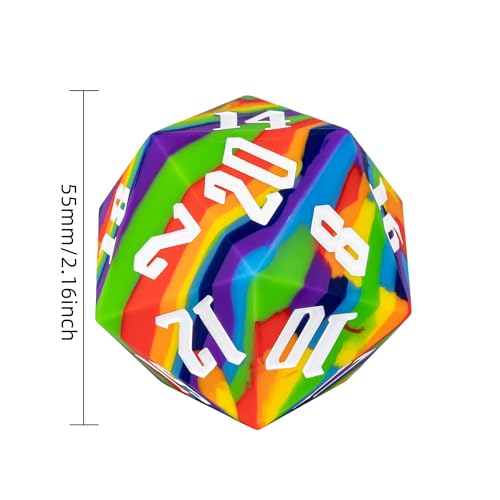 55mm Silicone D20 DND Dice, Large D20 Single 20 Sided D&D Dice | Soft & Comfortable Touch, Perfect Bouncer, Gift Box, Compatible with Dungeons and Dragons RPG Bar Pub Club Party Games - color: Rainbow