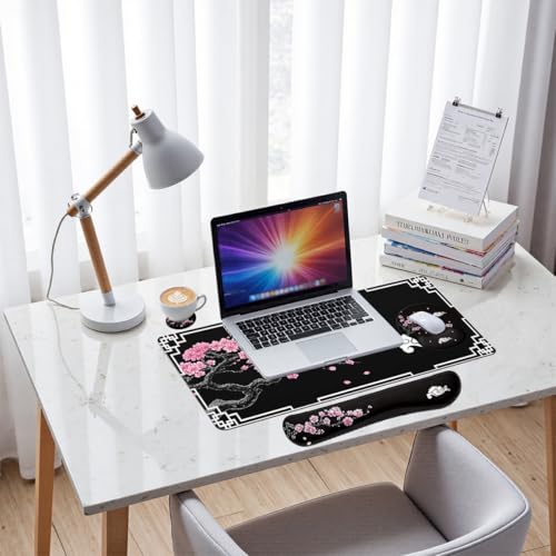 Cherry Blossom Desk Mat Set Oriental Black Zen Art Mouse Pad with Wrist Rest 4in1 Desk Mat for Desktop Ergonomic Computer Desk Arm Wrist Anti-Slip Computer Ergonomic Mouse Pad Home Office Gaming - color: Cherry Blossom