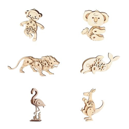 3D Wooden Puzzles for Ages 8+, 6 Pack Animal Puzzles, FSC-Certified Wood, Plastic-Free Toy, STEM Kit for Kids Teens Adults, Wood Craft Model Kit, Individually Wrapped Party Favors - Exotic Frens - color: Exotic Frens