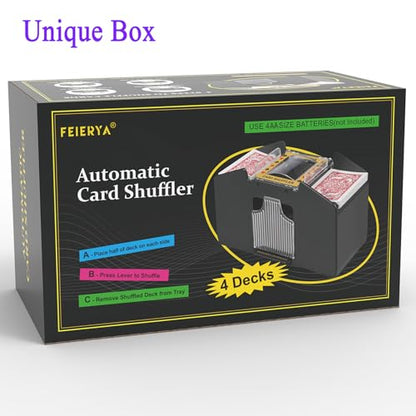 FEIERYA Automatic Card Shuffler 2/1/4/6 Deck | Battery-Operated Electric Playing Card Shuffler,Compatible with UNO,Poker for Home Card Game,Travel - size: 4 Decks