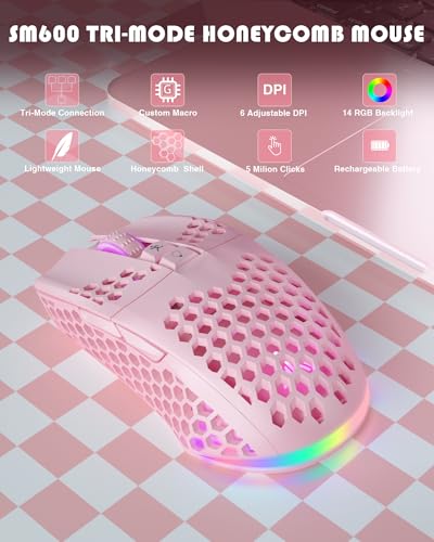 SOLAKAKA SM600 Pink Wireless Gaming Mouse with Honeycomb Shell, Side Buttons,Tri-Modes(BT5.1+BT5.1+2.4GHz) Lightweight RGB Wireless Mouse for PC/Tablet/Desktop/Office/Games - color: pink