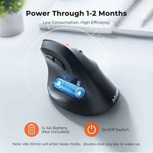 MEETION Wireless Ergonomic Vertical Mouse, Bluetooth & 2.4G, Large | Connects up to 3 devices with dual Bluetooth 5.3 and 2.4G, adjustable 1200-3200 DPI, designed for large hands, Windows/Mac/PC - color: Right Black Batt