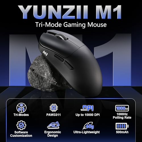 YUNZII M1 PAW3311 Sensor Wireless Gaming Mouse (Black) | 7-Level DPI Adjustment Up to 10000 DPI, Stable 1000Hz polling rate, 60g Lightweight Design, Easy Software for Win & Mac - color: Black