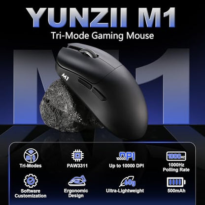 YUNZII M1 PAW3311 Sensor Wireless Gaming Mouse (Black) | 7-Level DPI Adjustment Up to 10000 DPI, Stable 1000Hz polling rate, 60g Lightweight Design, Easy Software for Win & Mac - color: Black