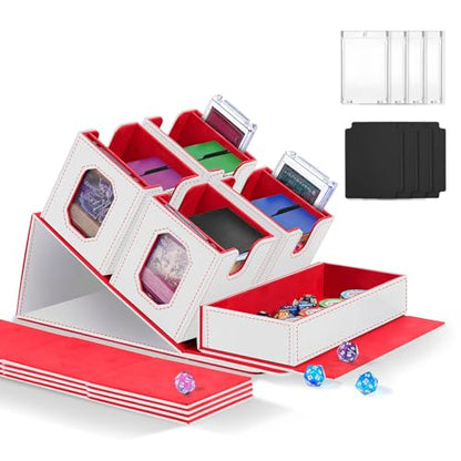 Trading Card Storage Box with Commander Display for MTG, TCG, Sports Cards, 5-in-1 Card Deck Box, Holds 450+ Double-Sleeved Cards, 4 Individual Deck Cases with Covers, Dice Tray & Magnetic Holders - color: White & Red