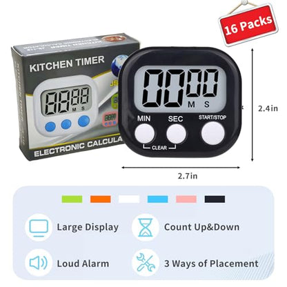 16 Packs Digital Timer Multi-Function Electronic Timers for Classroom Small Magnetic Countdown Stopwatch Mini Loud Alarm Stop Clock for Kitchen Cooking Games Meeting Study Work Baking Sports Office