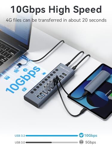 ACASIS 10 Ports Powered USB 3.2 Hub (5 USB-A 3.2 +5 USB-C 3.2), 10Gbps | Individual On/Off Switch for Each Port • Aluminum Housing • Better Heat Dissipation • Plug & Play • 48W Power Adapter - size: 10 Ports