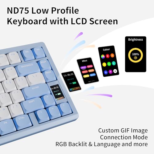 OOCTPK Mechanical Keyboard, Chilkey ND75 LP Wireless Gaming Keyboard with LCD Screen, Bluetooth 5.3/2.4G/USB-C, Hot Swappable Per-Key RGB Custom, Thin Front, Wrist Rest, Full-Aluminum, PC/Mac Support - color: Blue