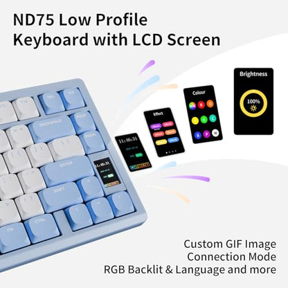 OOCTPK Mechanical Keyboard, Chilkey ND75 LP Wireless Gaming Keyboard with LCD Screen, Bluetooth 5.3/2.4G/USB-C, Hot Swappable Per-Key RGB Custom, Thin Front, Wrist Rest, Full-Aluminum, PC/Mac Support - color: Blue