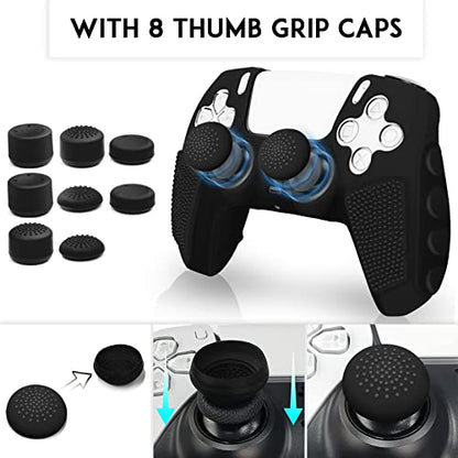 SIKEMAY Anti-Slip PS5 Controller Skin, Soft Thicken Non-Slip Studded Silicone Gel Grip Protective Cover Case for PlayStation 5 Controller Grip, 2 Pack with 8 x Thumb Grip Caps - color: Black
