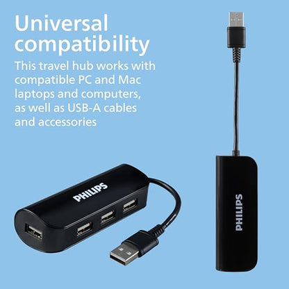 Philips 4-Port USB 2.0 Hub with 480 Mbps Data Transfer, Data USB Hub | Perfect for Travel, for MacBook, iMac, Surface, External Hard Drives, Flash Drives, Keyboard, Mouse, Black, SWL3923B/37 - style: USB-A to 4 Port USB