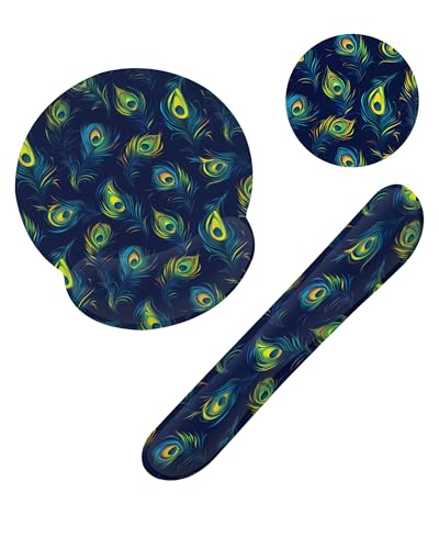Blue Peacock Feather Keyboard Wrist Rest Pad and Mouse Pad Wrist Support Set,3-in-1 Ergonomic Mouse Pad with Non-Slip Rubber Base for Home Office Game Computers Desk, - color: Blue Peacock Feather