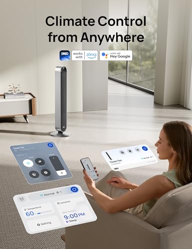 DREO Smart Tower Fan for Bedroom, 120° Oscillating Fan, 20dB Quiet DC Motor | 28ft/s Airflow, 12 Speeds, 4 Modes Bladeless Standing Fan, 12H Timer Cooling Fan for Home, Living Room, App & Alexa Control - color: Silver