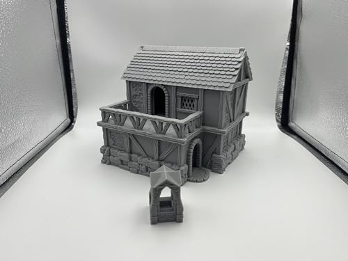 Hautico Town Building Terrain Set for 28mm Tabletop Miniature Wargames, Compatible with DND, 3D Printed and Paintable (Little Town Two-Floor House)