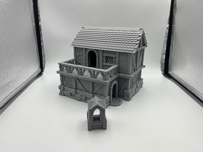 Hautico Town Building Terrain Set for 28mm Tabletop Miniature Wargames, Compatible with DND, 3D Printed and Paintable (Little Town Two-Floor House)