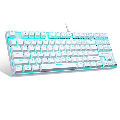 MageGee Mechanical Gaming Keyboard with Blue Switch, Compact 87 Keys Wired Computer Keyboard for Windows Laptop PC Gamer, LED Ice Blue Backlit, White - color: White/Blue Switch