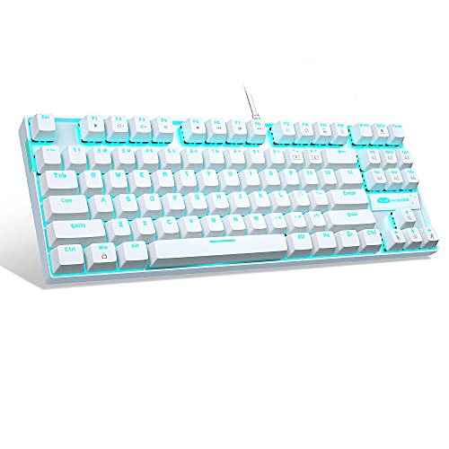 MageGee Mechanical Gaming Keyboard with Blue Switch, Compact 87 Keys Wired Computer Keyboard for Windows Laptop PC Gamer, LED Ice Blue Backlit, White - color: White/Blue Switch