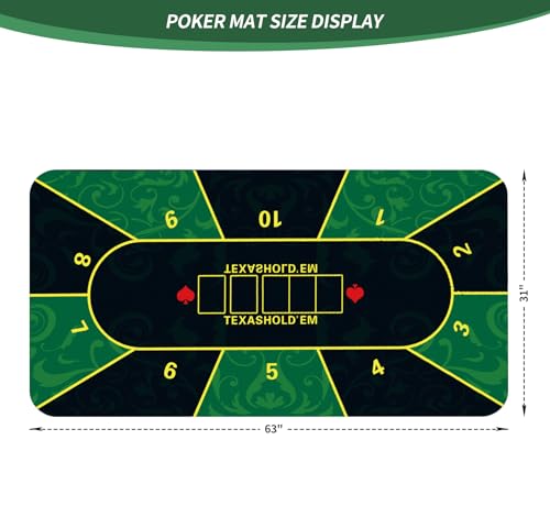 nuveti 63 x 31 Foldable Texas Poker Card Tabletop Layout Portable Anti-Slip Rubber Board Game Mat Poker Table Mat 8-10 Players Texas Hold'em Poker Mat - color: 63 X 31 Inch Rectangular-green6