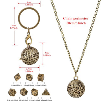 Mini DND Dice Set with Spherical 100-Sides Metal Cage Portable Keychain Necklace, Tiny 7pcs Polyhedral D&D Dice Set, DND Gifts with Gift Box, D&D Accessories for RPG, Bronze