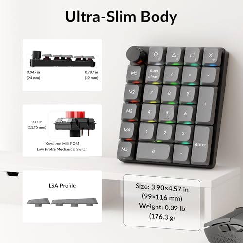 Keychron K0 Max Wireless Low-Profile Number Pad, QMK/VIA Programmable, Hot-Swappable Red Switch, RGB Backlit, 2.4GHz & Bluetooth 5.3, 1000Hz Polling Rate, with Knob, for Windows/Mac - color: Red Switch, size: Black