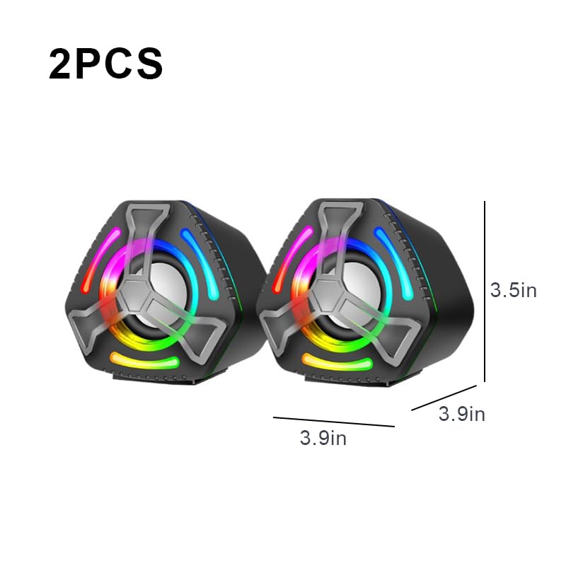 1 Pair Computer Speakers, Portable Mini PC Speakers, Desktop Gaming Speaker with Subwoofer, RGB Colorful Lights, Dual Volume, USB Powered, 3.5mm Aux Input, Stereo Surround Sound