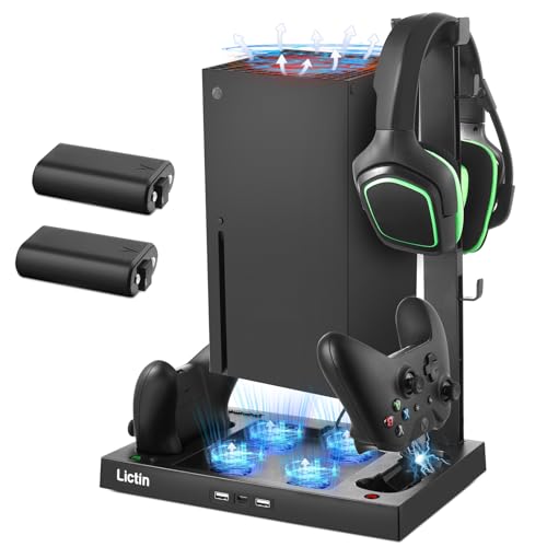 Lictin Cooling Fan Charging Station for Xbox Series X Console & Controller | Upgraded 4 Cooler Fan System Stand, Vertical Dual Charger Station Dock Accessories with 2 x 1400mAh Rechargeable Battery