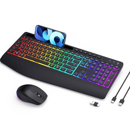 2200mAh RGB Backlit Wireless Keyboard & Mouse, 2.4G Silent Rechargeable | Full-Sized Ergonomic Combo With Wrist Rest, Phone Holder, Auto Sleep Mode, Compatible With Windows, Mac, PC, Laptop,LIZRROT