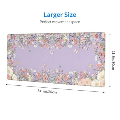 Large Gaming Mouse Pad Desk Mat, Purple Girly Floral Extended Keyboard Mouse Pad Mousepad with Non-Slip Base and Stitched Edge Mouse Mat Desk Pad Mouse Pads for Desk Home Office, 31.5 x 11.8 - color: Girly Floral Purple