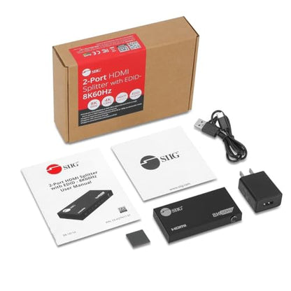 SIIG 1x2 HDMI 2.1 Splitter, 8K60Hz, VRR, ALLM, EDID, CE-H27N11-S1 | Send one HDMI 2.1 source to two 8K60Hz displays; VRR, ALLM and EDID support gaming and high-refresh AV systems.