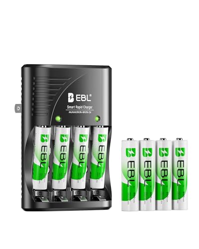 EBL Rechargeable AAA Batteries with Charger with AC Plug for AA/AAA/9V | Mercury-Free, 1200 Cycles, Charger with AC plug, 8 AAA batteries. Also charges 9V. Ideal for remotes, toys, flashlights