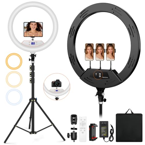 22'' Ring Light with 75'' Tripod Stand, LED Display/2 USB Ports/6500K Dimmable Ring Light for ipad Phone Holder for Tattoo Lash Live Makeup Video Recording TikTok Barber Stylist Photography - color: Black, size: 22Inch