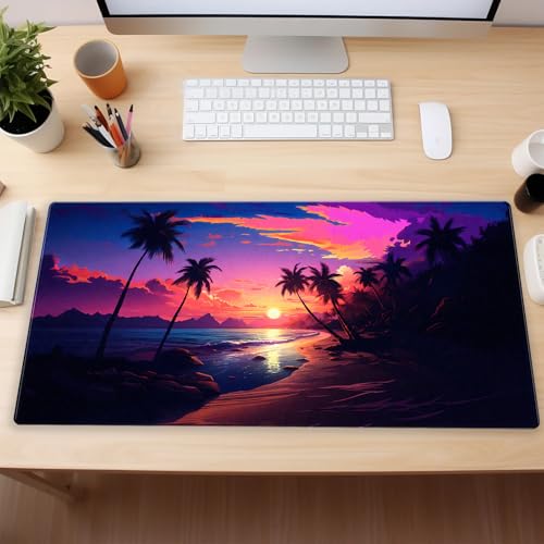 Beach Sunset Desk Mat, Synthwave XXL Large Gaming Mouse Pad | Aesthetic tropical neon desk pad with comfortable 3mm cushion, smooth fabric top, and non-slip natural rubber base. - color: Sunset Beach