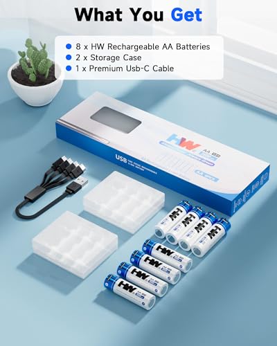 HW Double A Batteries Rechargeable 8 Pack, [1.5V, 3600mWh] AA Lithium Battery with USB-C Cable, Fast Charging, Chargeable Over 1000 Cycles，Built-in Chip Protection for Home and Office Devices - size: 8-Pack