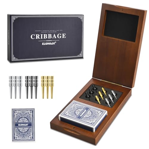 ELONGDI Foldable Wooden Cribbage Board Game Set, Portable Travel 3 Track Cribbage Board with Magnetic Closure,9 Metal Pegs,A Deck of Cards - Family Board Games for Kids and Adults