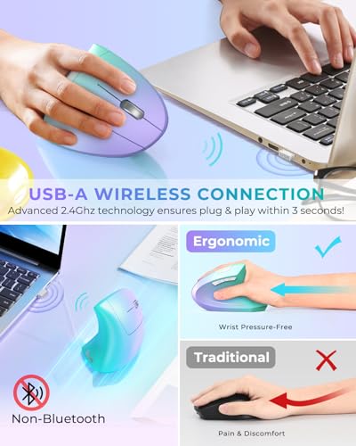 Lekvey Ergonomic Mouse, Vertical Wireless Mouse, Rechargeable 2.4G Optical Carpal Tunnel Mice: 800/1200 / 1600 DPI, 6 Buttons, for Laptop, PC, Mac, Computer, Desktop, Notebook etc, Green Purple - color: Green and Purple