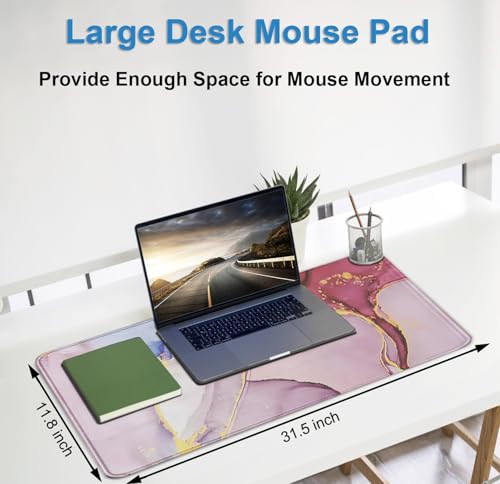Extra Large Mouse Pad 31.5 x 11.8 in, Gaming Mousepad with Stitched Edges, Premium Microfiber Cloth Surface, Waterproof Non-Slip Base Keyboard Desk Mat for Home Office Gaming, Marble Pink - color: Marble Pink, size: 31.5L x 11.8W inches