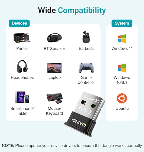 Kinivo USB Bluetooth Adapter for PC (BT5.0, Plug & Play Wireless Dongle Receiver for Ubuntu, Windows 11/10/8.1) – Works with Laptops, Headsets, Speakers, Mouse, Keyboard, Printers, Gaming Controllers - style: BTD500