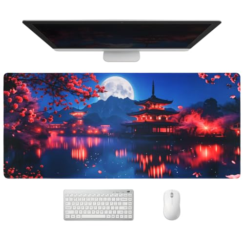 Extended Japanese Nightscape Desk Mat, XXL Large Gaming Mouse Pad, Sakura Pagoda Moon Stitched Edges Waterproof with Non-Slip Rubber Base for Computer Keyboard Laptop Work Home Office 35.4"x15.7" - color: Japanese Nightscape Art, size: 35.4" x 15.7"