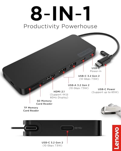 Lenovo USB-C Slim Travel Dock, 8 Ports, Up to 65W PD Pass Through, Integrated USB-C Cable, 4K Display Support, Black - style: Slim Travel Dock