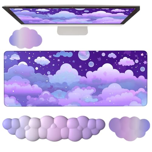 Purple Cloud Mouse Pad Cloud Keyboard Wrist Rest for Computer Keyboard Extended Large Desk Mat Pad Set 4PCS Memory Foam Non-Slip Ergonomic Cute Gaming Mouse Pads Wrist Support for Laptop Home Office - color: 4pcs Purple Cloud