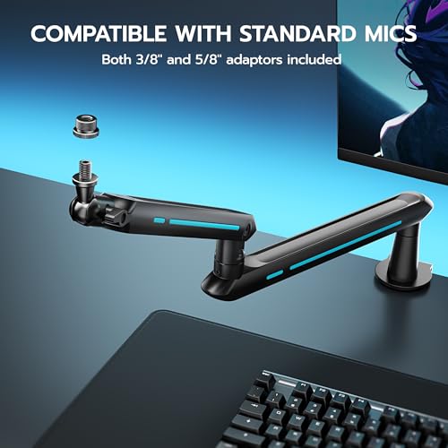 ARES WING Aluminum Low Profile Mic Arm with 4.4 lbs Load Capacity, Adjustable Microphone Boom Arm with 3/8” to 5/8” Screw Adapter, Desk Mount Mic Stand for Gaming Streaming Podcasting, Black - color: Black